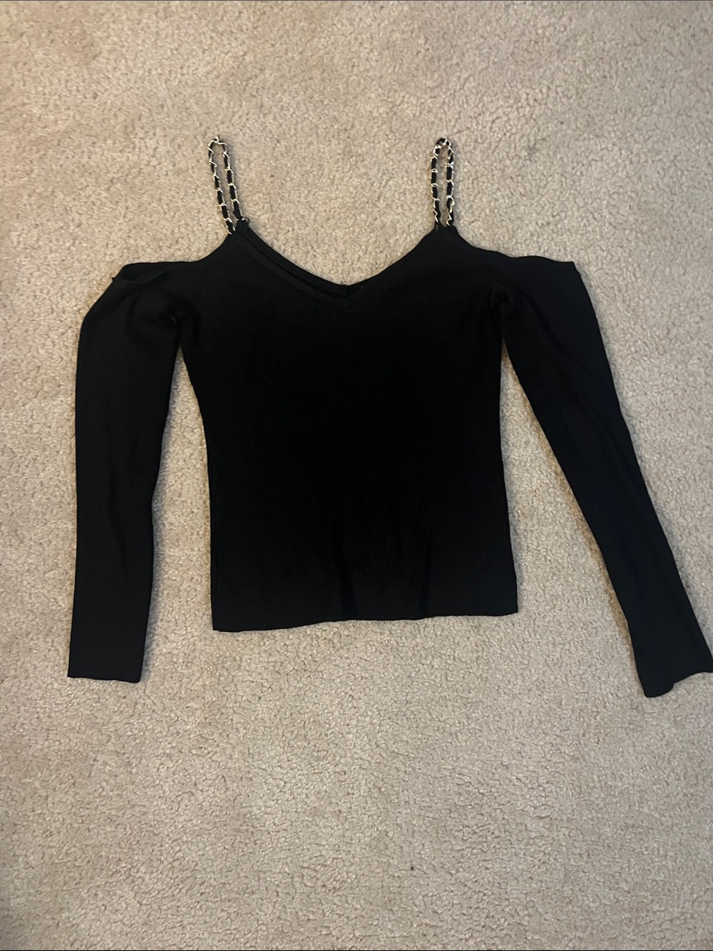 Crave Fame Black Cold-Shoulder Ribbed Long Sleeve Top with Chain Straps - Junior